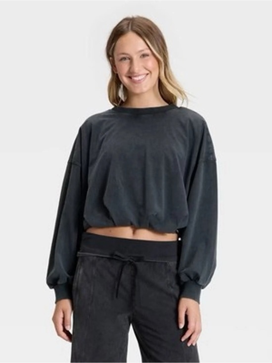 JoyLab Tops - JoyLab Washed Bubble Hem Cropped Sweatshirt Activewear Black Size Small